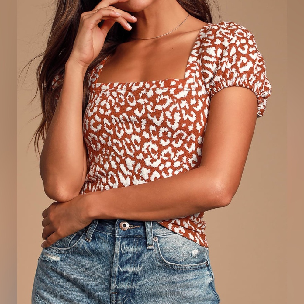 Free People No Type Brown Leopard Print Puff Sleeve Top